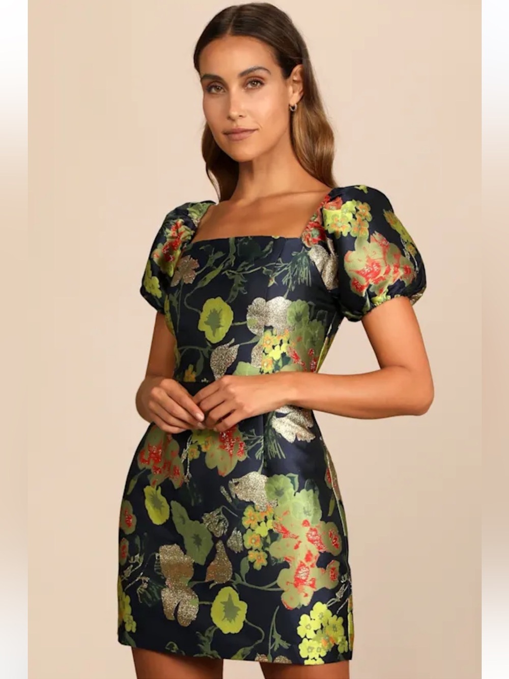 NWT Lulus Stunning Sensation Navy Blue and Green Floral Mini Dress Size S
